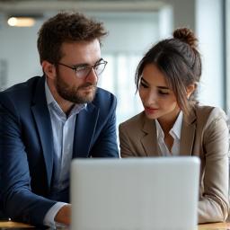 Dua orang profesional sedang berdiskusi di depan laptop.