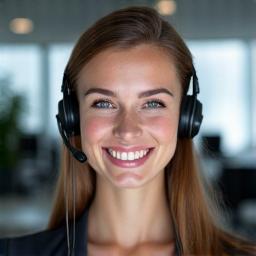 Seorang agen dukungan pelanggan dengan headset sedang tersenyum.